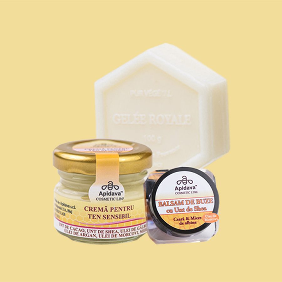 Balsam de buze, crema pentru ten sensibil, sapun cu laptisor de matca de la Apidava