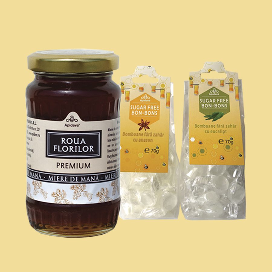 Miere de mana Roua Florilor Premium, bomboane fara zahar cu anason si bomboane fara zahar cu eucalipt de la Apidava